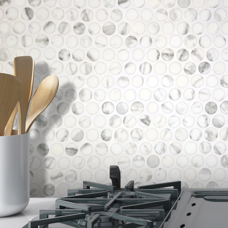 White Calacatta Matte Glass Penny Round Mosaic Tile