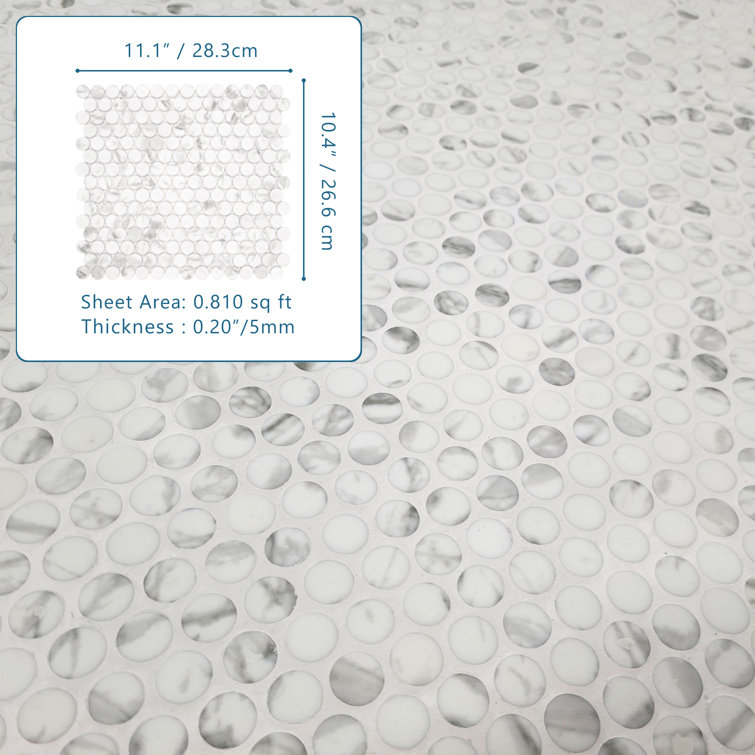 White Calacatta Matte Glass Penny Round Mosaic Tile