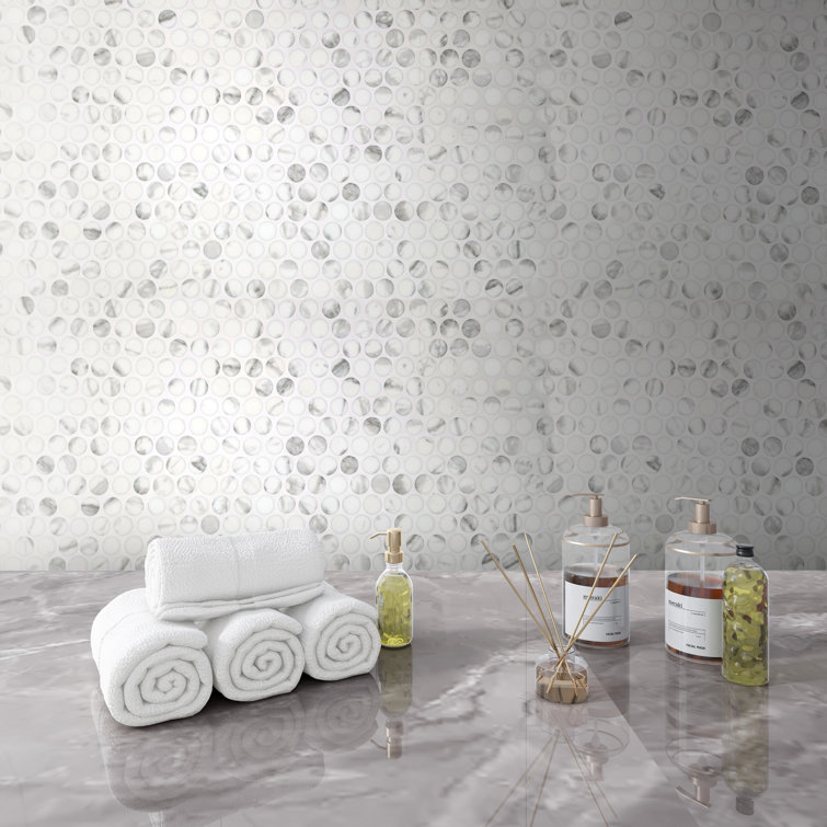 White Calacatta Matte Glass Penny Round Mosaic Tile