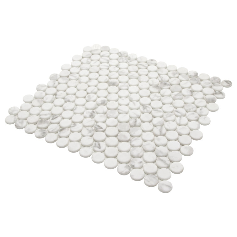 White Calacatta Matte Glass Penny Round Mosaic Tile