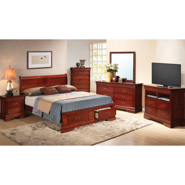 Cherry Wood Queen Platform Storage Bed with Headboard