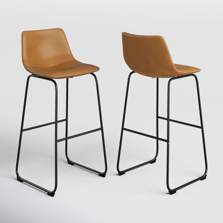 Whiskey Brown Faux Leather Mid-Century Bar Stools, Set of 2
