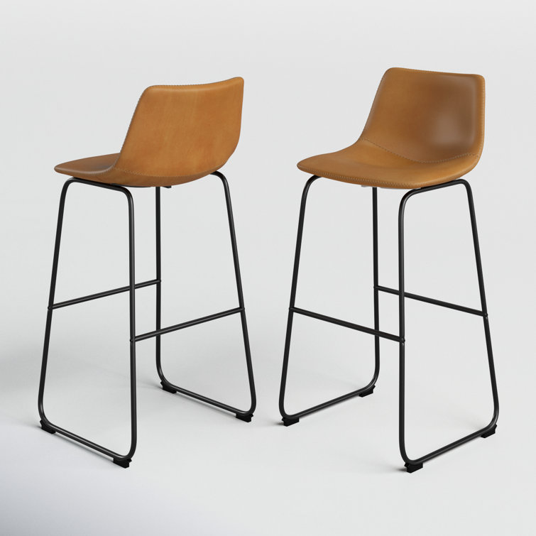 Whiskey Brown Faux Leather Mid-Century Bar Stools, Set of 2