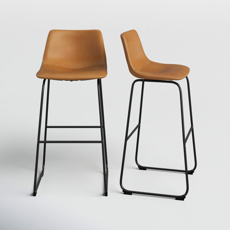 Whiskey Brown Faux Leather Mid-Century Bar Stools, Set of 2