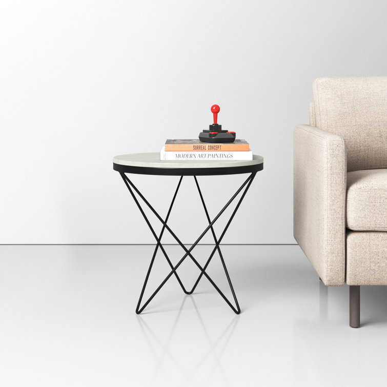 Round White Marble Top End Table with Black Metal Base