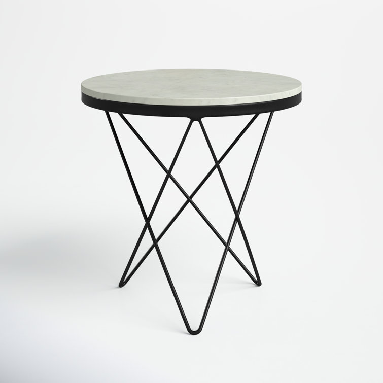Round White Marble Top End Table with Black Metal Base