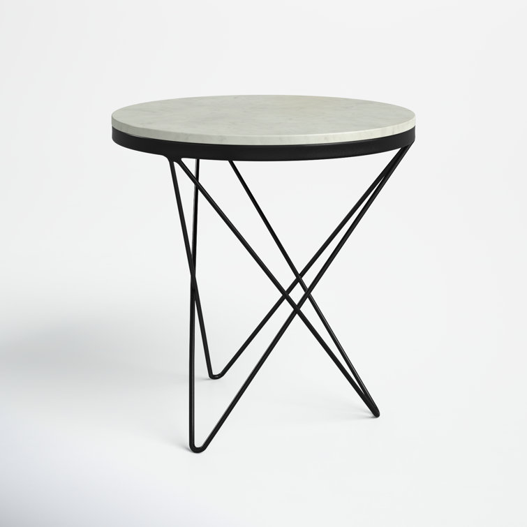 Round White Marble Top End Table with Black Metal Base