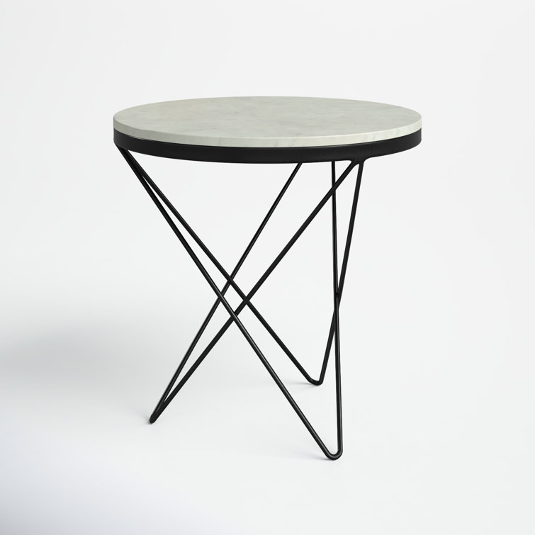 Round White Marble Top End Table with Black Metal Base