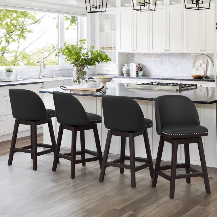 Black Faux Leather Swivel Counter Stools with Nailhead Trim, Set of 4