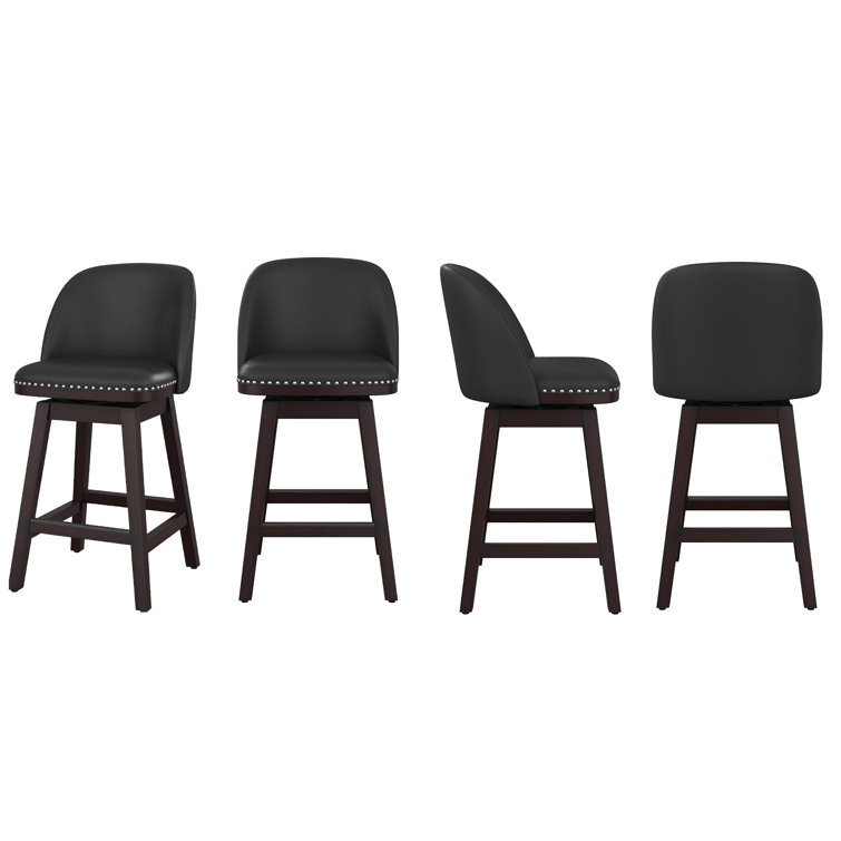 Black Faux Leather Swivel Counter Stools with Nailhead Trim, Set of 4