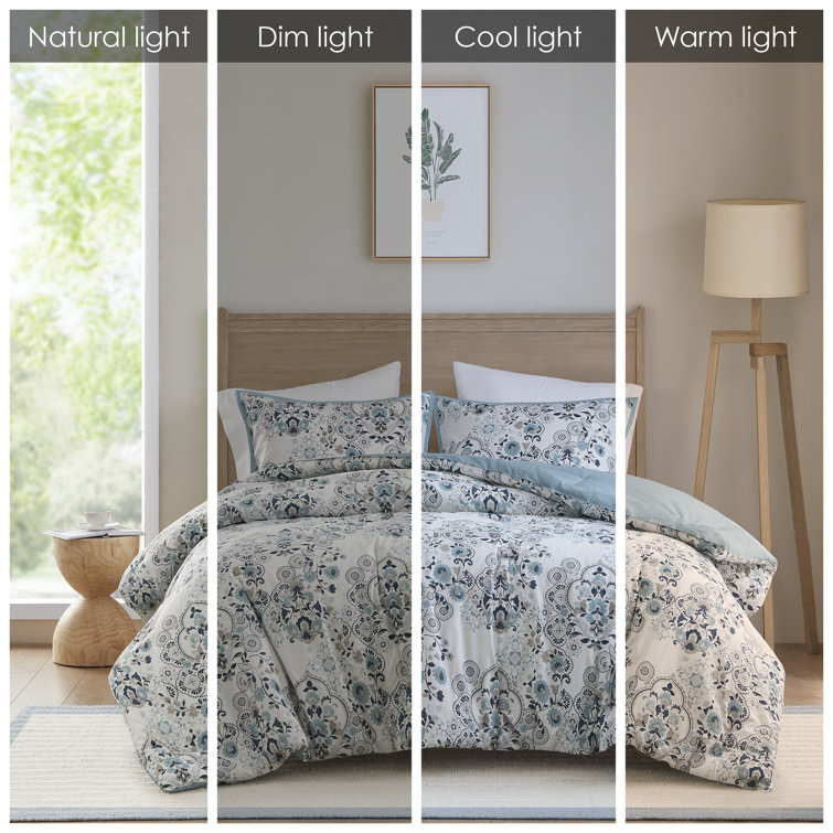 Blue Floral Cotton Down Alternative Comforter Set, Full
