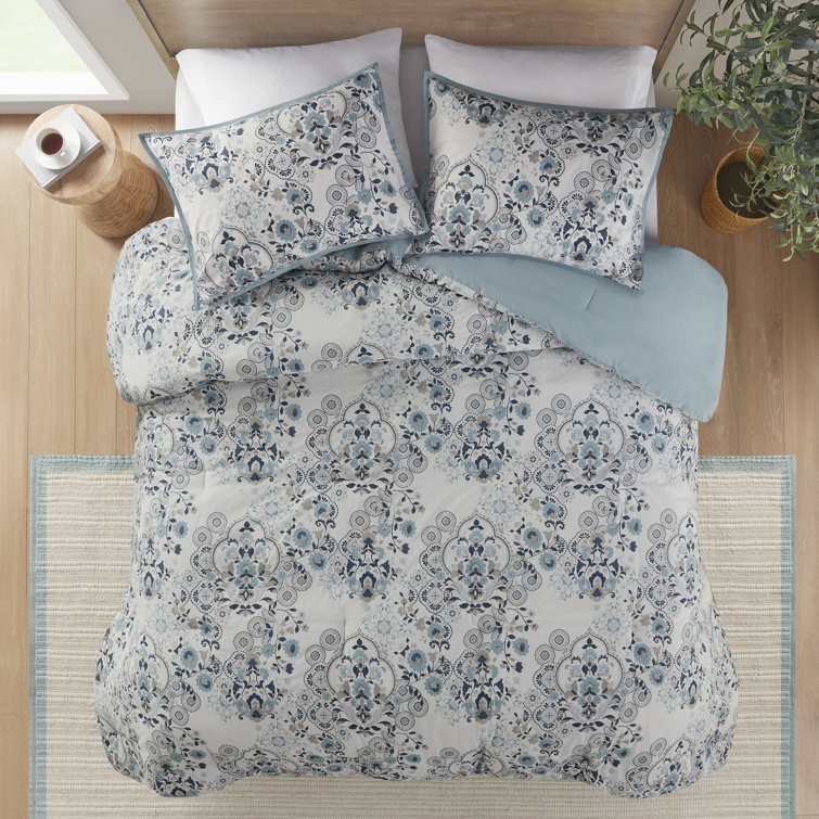 Blue Floral Cotton Down Alternative Comforter Set, Full