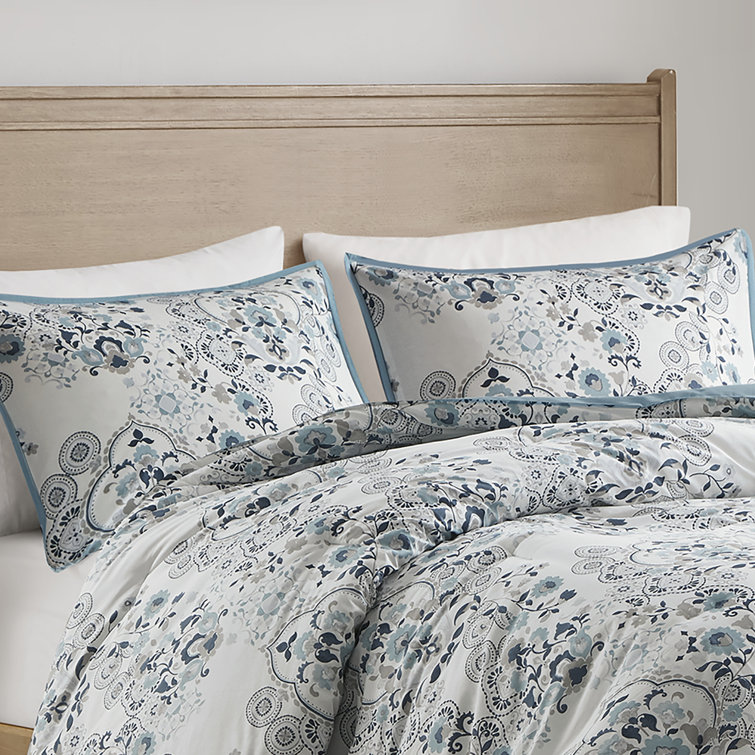 Blue Floral Cotton Down Alternative Comforter Set, Full