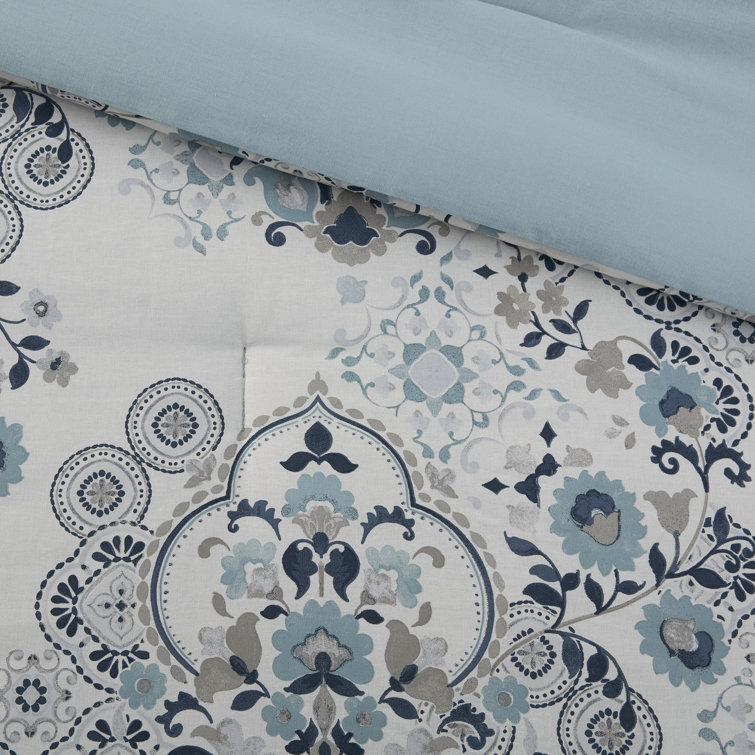 Blue Floral Cotton Down Alternative Comforter Set, Full