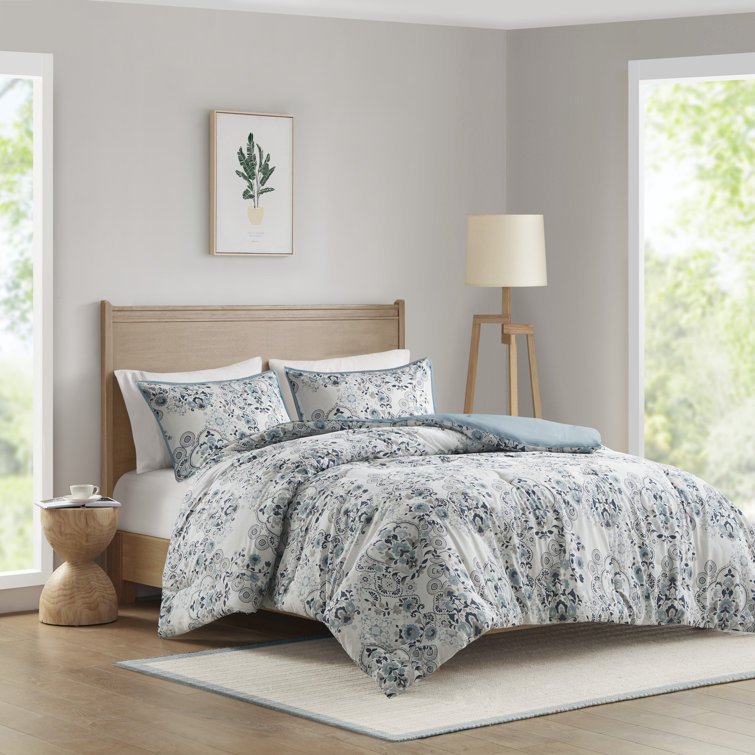 Blue Floral Cotton Down Alternative Comforter Set, Full