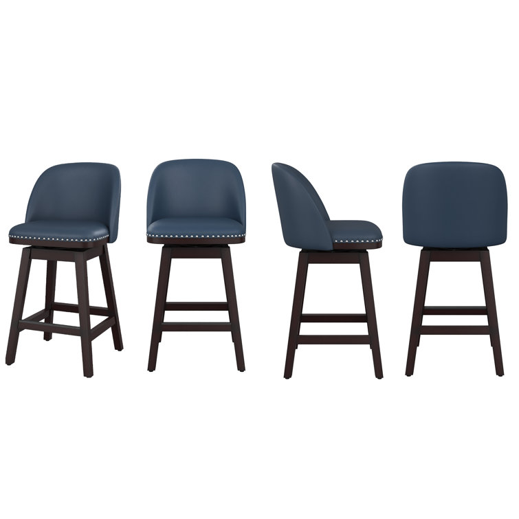 Black Faux Leather Swivel Counter Stools with Nailhead Trim, Set of 4