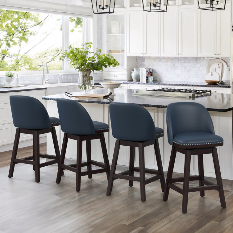 Black Faux Leather Swivel Counter Stools with Nailhead Trim, Set of 4