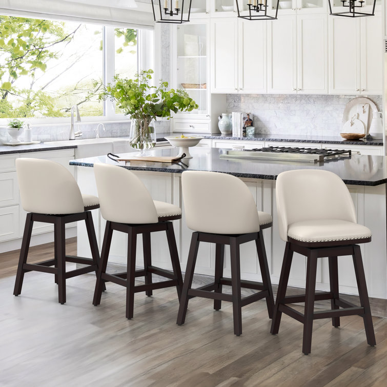 Black Faux Leather Swivel Counter Stools with Nailhead Trim, Set of 4
