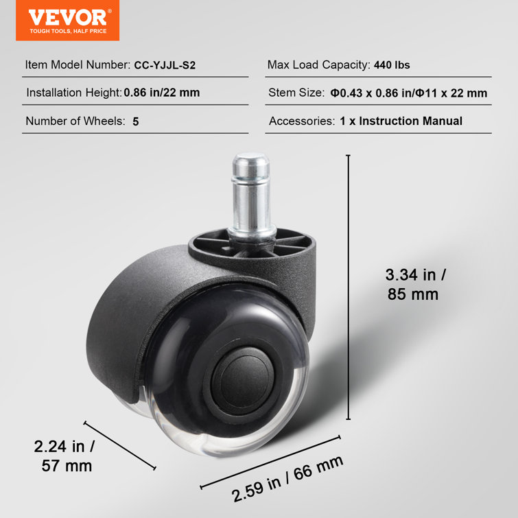 Black Polyurethane 2-Inch Office Chair Caster Wheels Set of 5