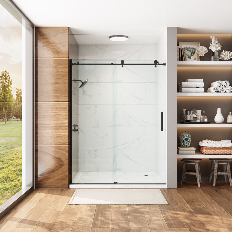 Matte Black Frameless Sliding Shower Door with Clear Tempered Glass