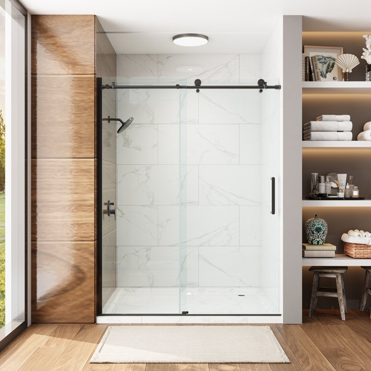 Matte Black Frameless Sliding Shower Door with Clear Tempered Glass