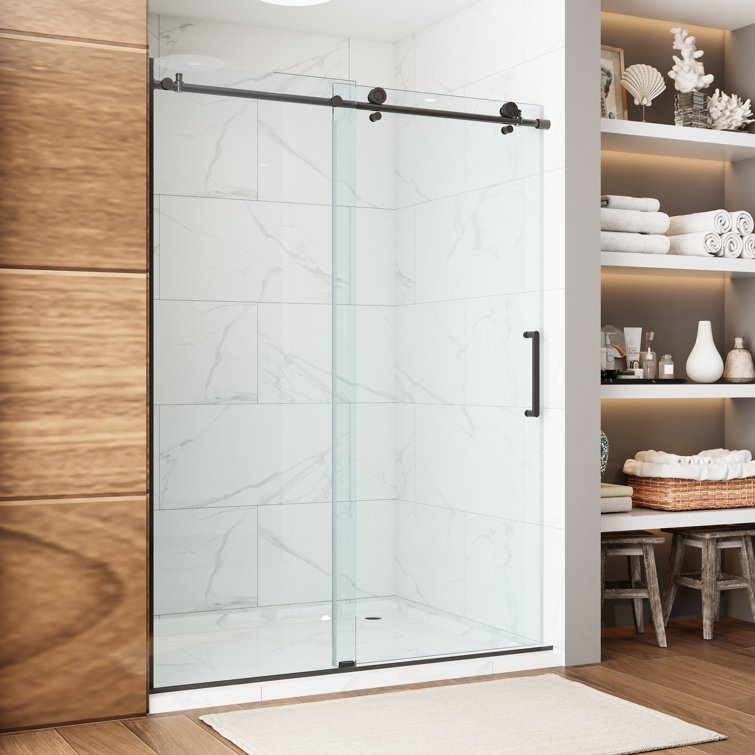Matte Black Frameless Sliding Shower Door with Clear Tempered Glass