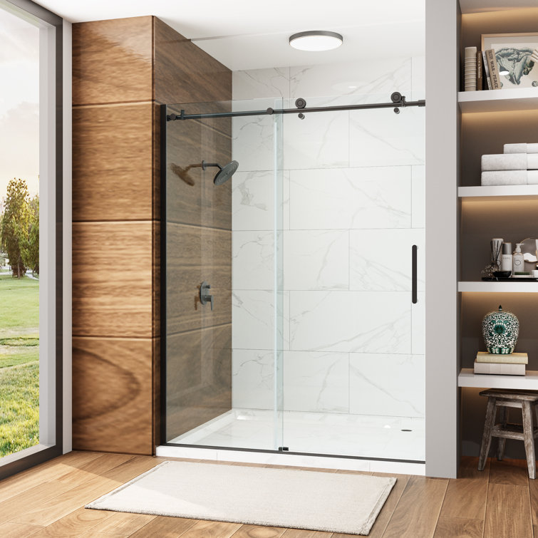 Matte Black Frameless Sliding Shower Door with Clear Tempered Glass