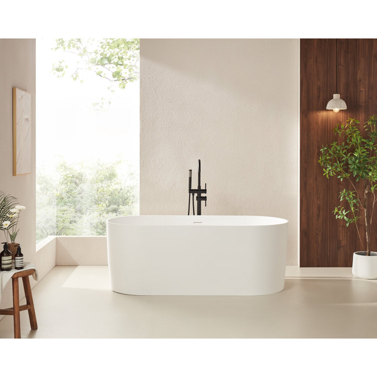 67" Glossy White Stone Resin Freestanding Soaking Bathtub