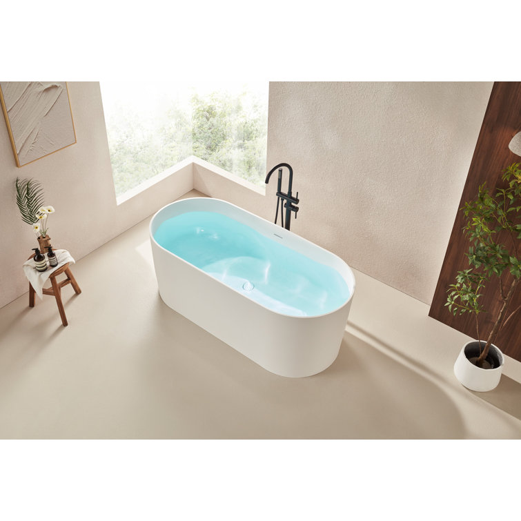 67" Glossy White Stone Resin Freestanding Soaking Bathtub