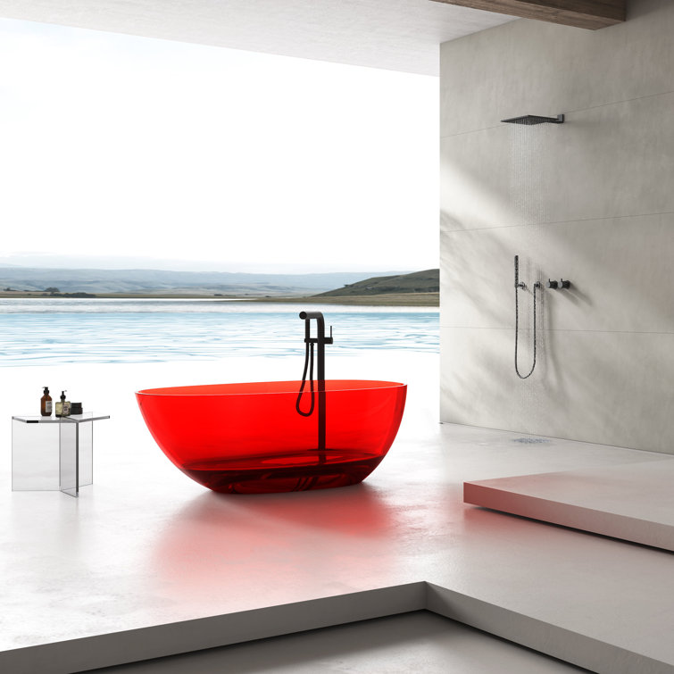 59" Pure Resin Red Freestanding Stone Resin Soaking Bathtub