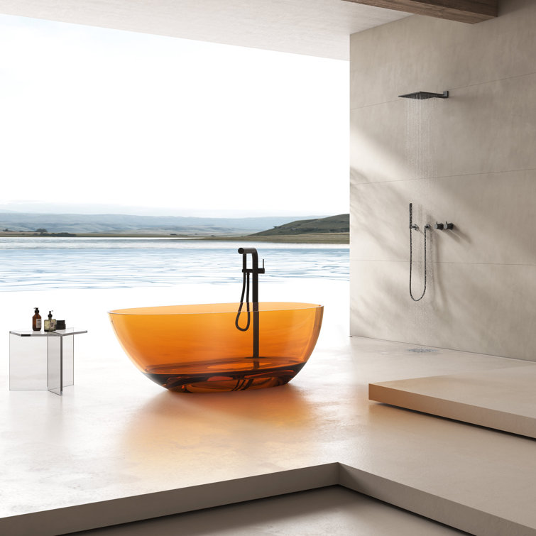 67" Amber Stone Resin Freestanding Soaking Bathtub with Chrome Drain