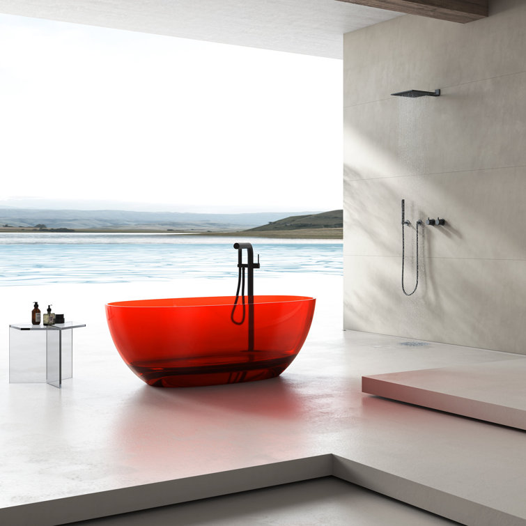 59" Pure Resin Red Freestanding Soaking Bathtub with Polished Chrome Drain
