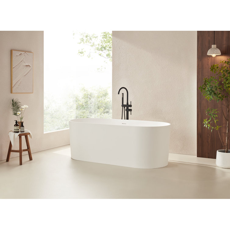 67" Glossy White Stone Resin Freestanding Soaking Bathtub