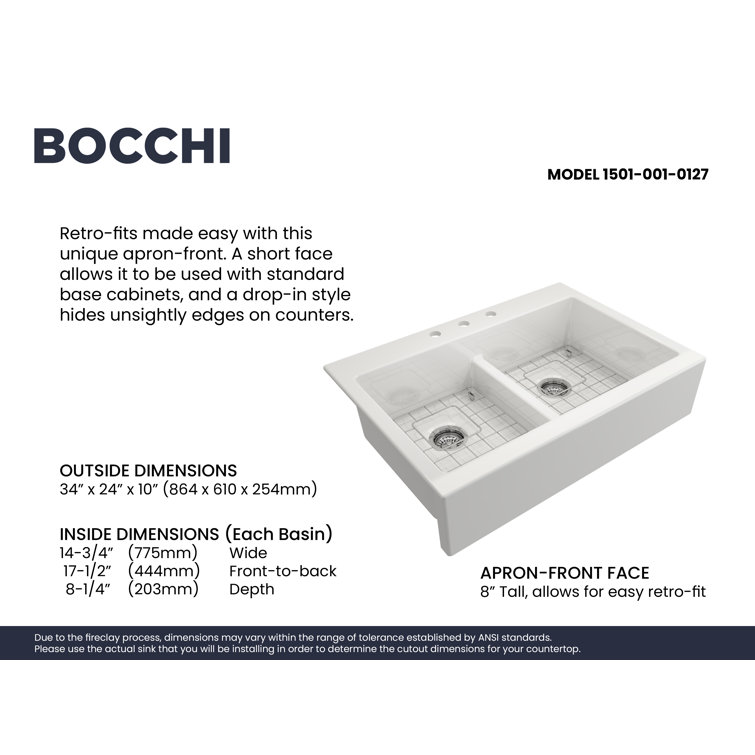Nuova 34'' White Fireclay Double Bowl Farmhouse Sink