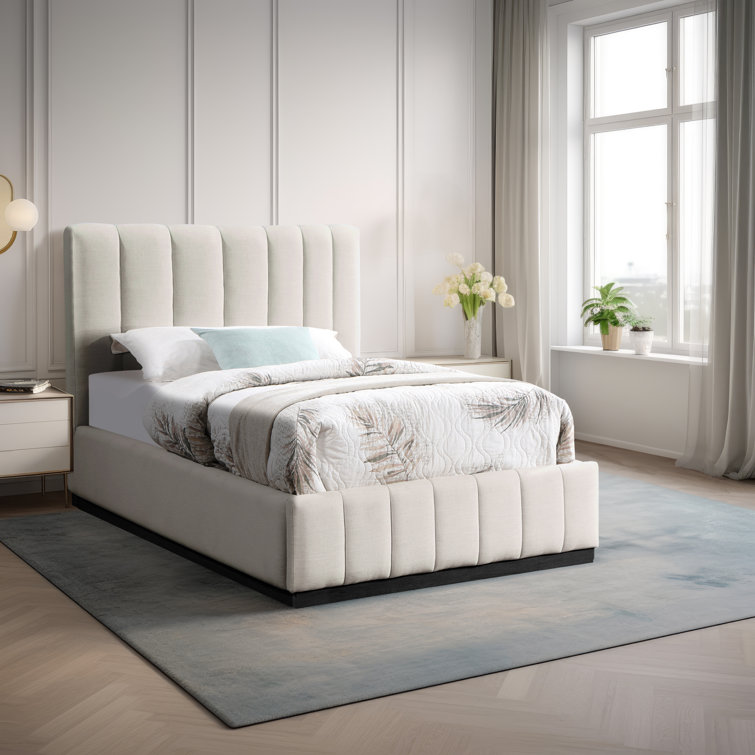 Beige Linen Upholstered Twin Bed with Tufted Headboard