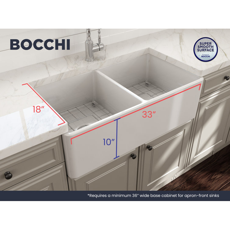 33'' White Fireclay Double Bowl Farmhouse Sink