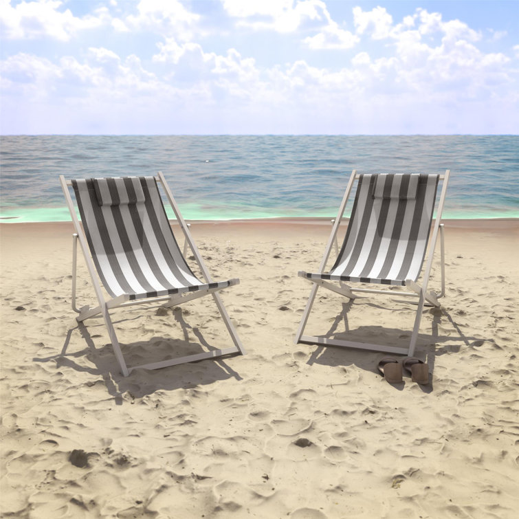 Classic Black and White Striped Foldable Beach Chairs, Set of 2