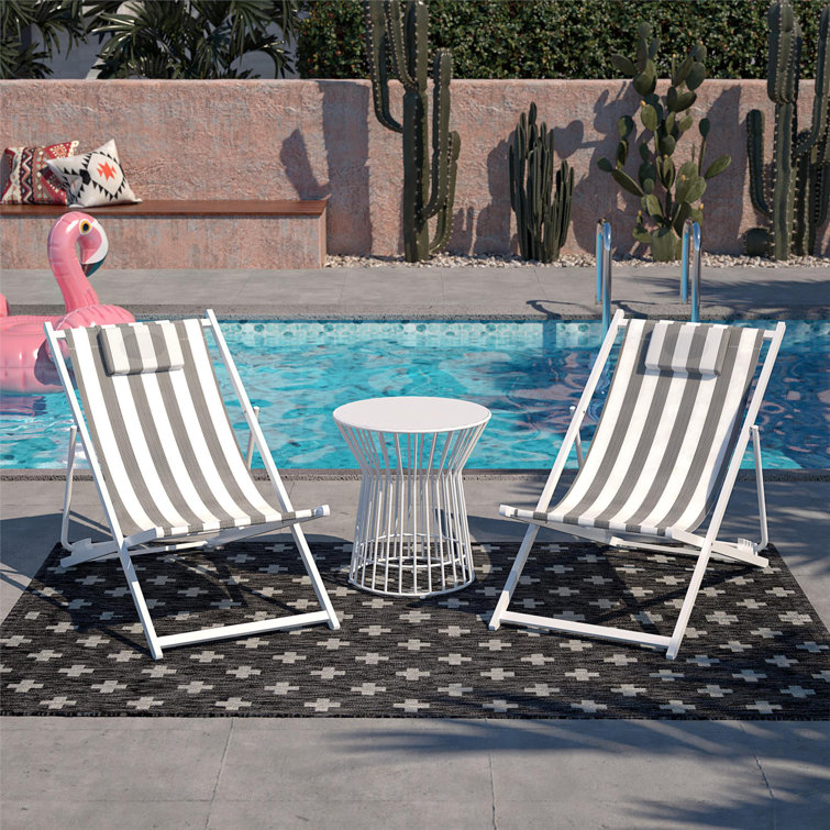 Classic Black and White Striped Foldable Beach Chairs, Set of 2