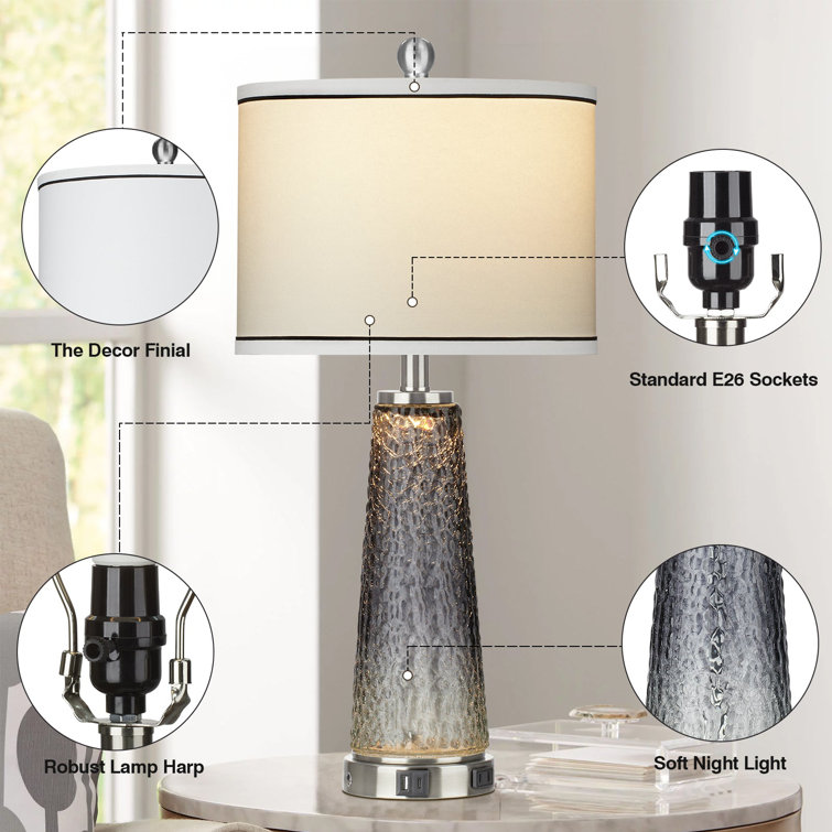 Gradient Gray Glass Table Lamp Set with USB Ports