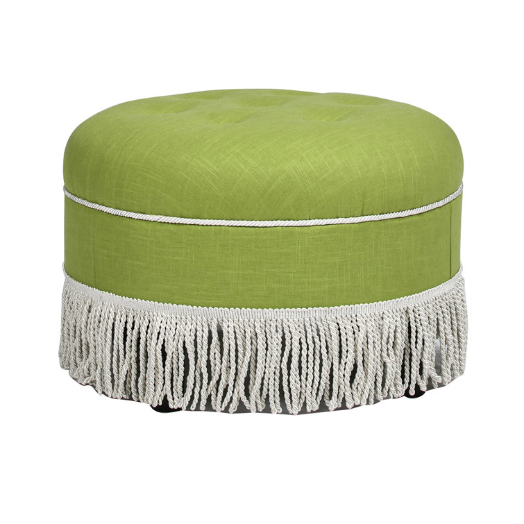 Bright Chartreuse Linen Cotton Blend Round Tufted Ottoman with Ivory Trim