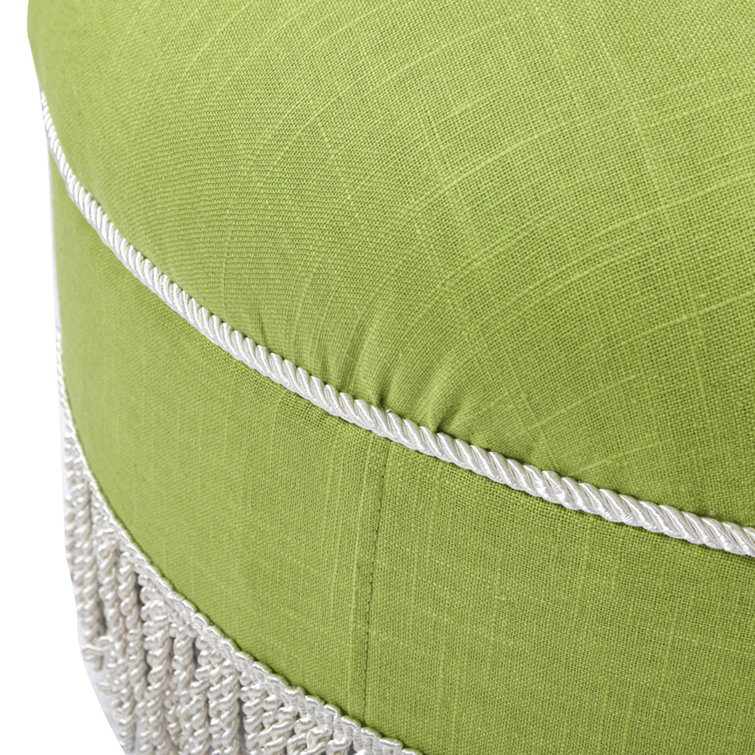 Bright Chartreuse Linen Cotton Blend Round Tufted Ottoman with Ivory Trim