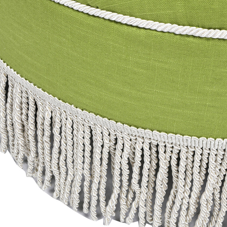 Bright Chartreuse Linen Cotton Blend Round Tufted Ottoman with Ivory Trim