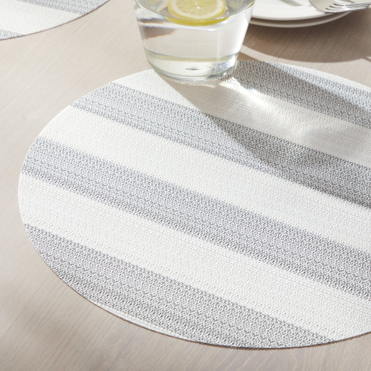 Gray and White Cabana Stripe Round Vinyl Placemats, 15" Set of 4
