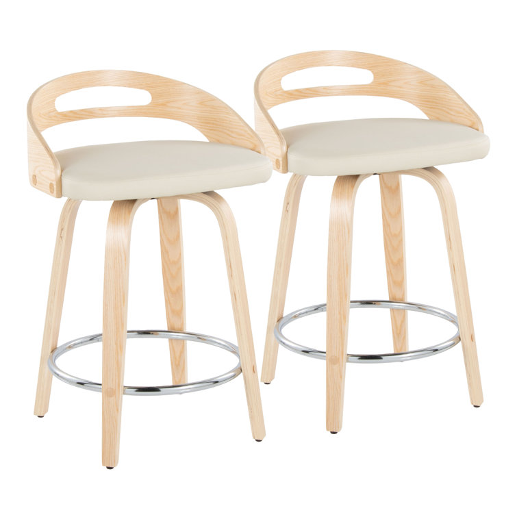 Beige Swivel Counter Stool with Wood and Metal Frame
