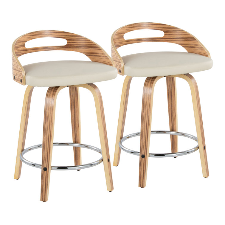 Beige Swivel Counter Stool with Wood and Metal Frame