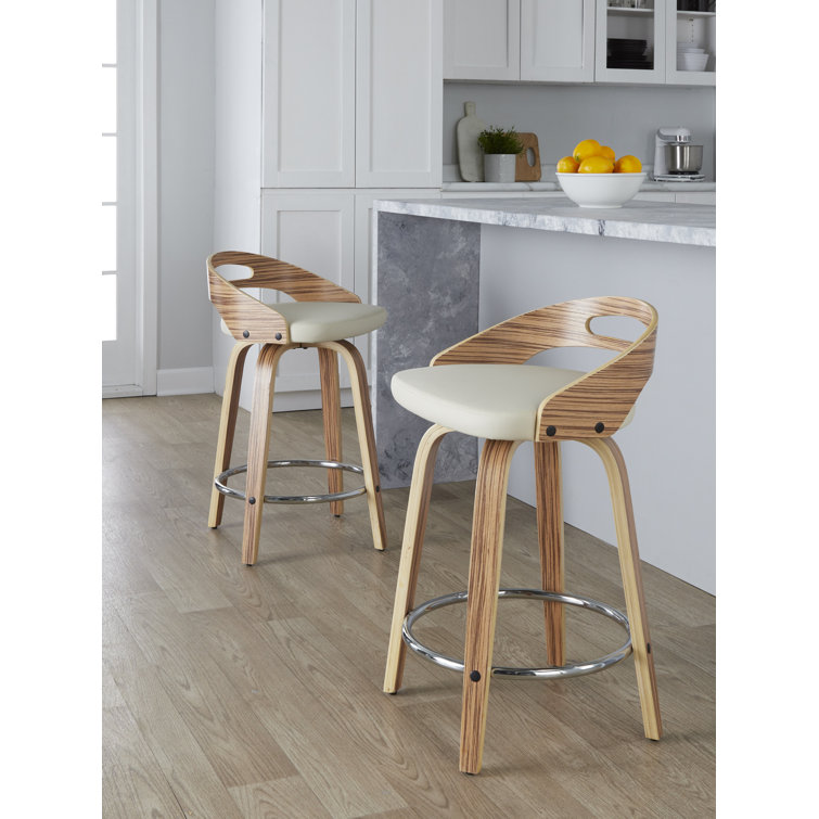 Beige Swivel Counter Stool with Wood and Metal Frame