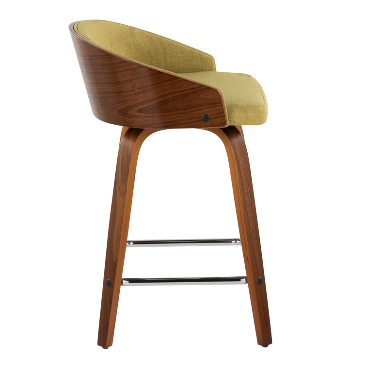Walnut and Green Upholstered Swivel Counter Stools, Set of 2