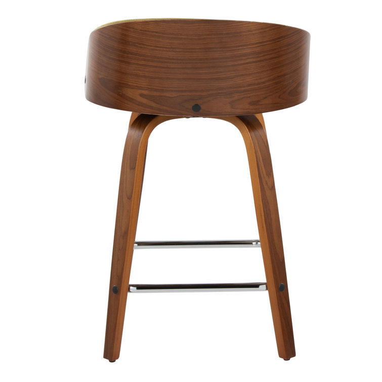Walnut and Green Upholstered Swivel Counter Stools, Set of 2