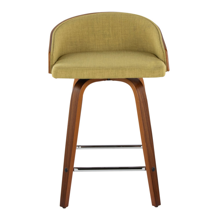 Walnut and Green Upholstered Swivel Counter Stools, Set of 2