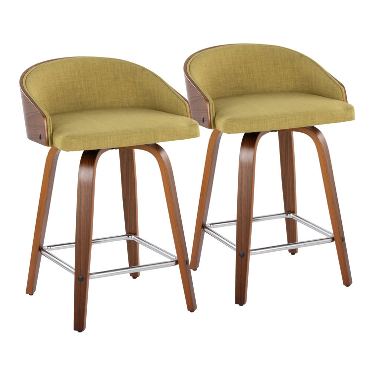 Walnut and Green Upholstered Swivel Counter Stools, Set of 2